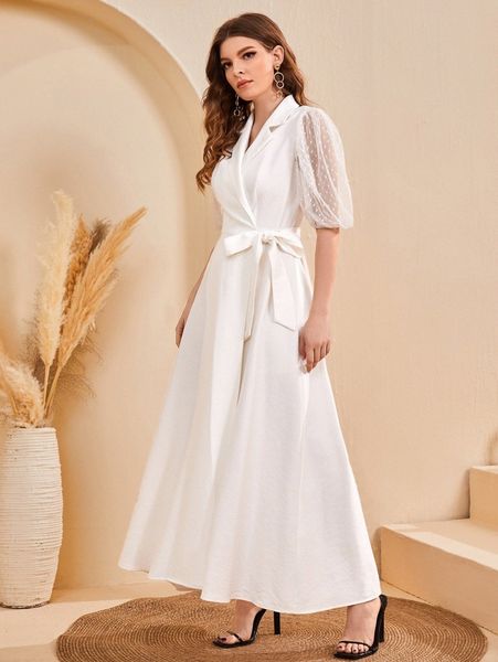 

contrast dobby mesh puff sleeve belted dress i47v#, Black;gray