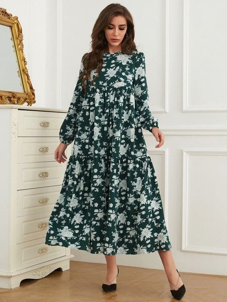 

allover floral print lantern sleeve ruffle hem smock dress r29x#, Black;gray