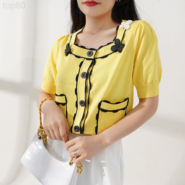 

women's sweaters designer []french yellow cardigan sweater summer short sleeve square neck bubble slim women ywd7, White;black