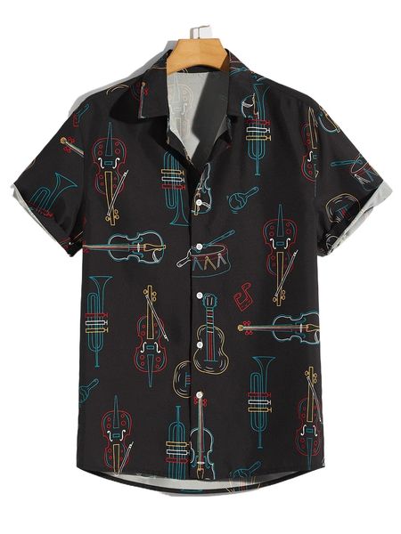 

men button up guitar print shirt b8ce#, White;black