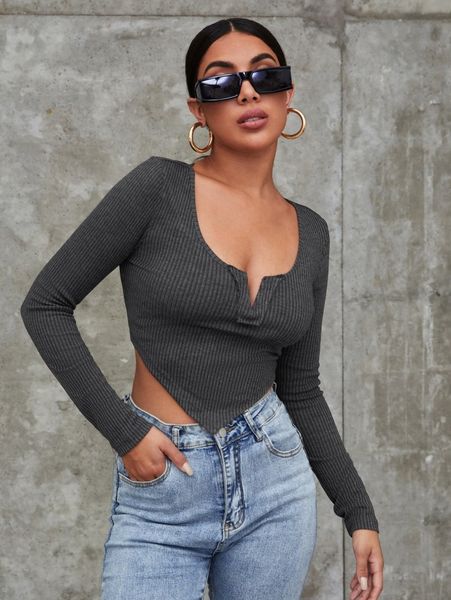 

notch neck asymmetrical hem crop tee b2o8#, White