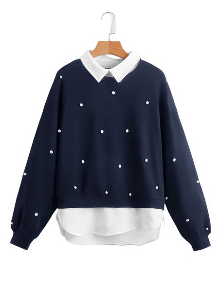 

drop shoulder pearls beaded 2 in 1 pullover 408b#, Black