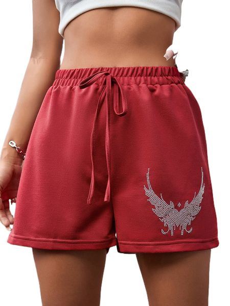 

drawstring waist heart & wings rhinestones track shorts g2ht#, White;black