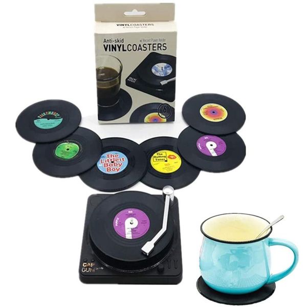 Paspaslar EST 6pcs Plastik Retro Kayıt Kupası Mat Anti-Slip Coffee Coasters Isıya Dayanıklı Müzik İçecek Kupa Masa Placematmats Matsmans