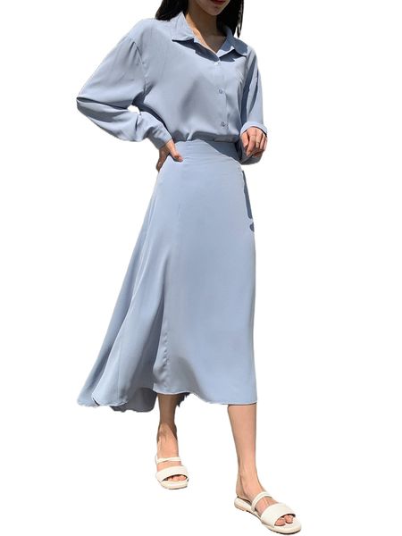 

dazy solid single breasted drop shoulder blouse & skirt h9ev#, White