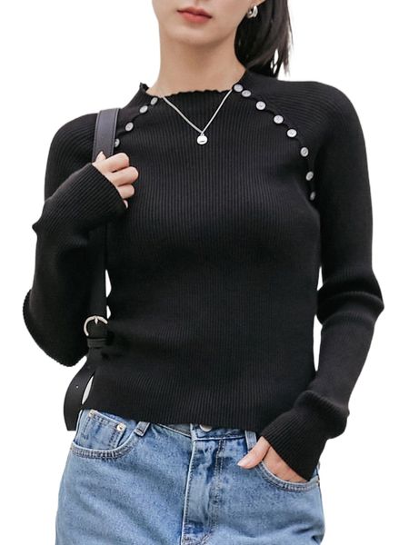

dazy-less raglan sleeve button detail lettuce trim sweater i0qx#, White;black