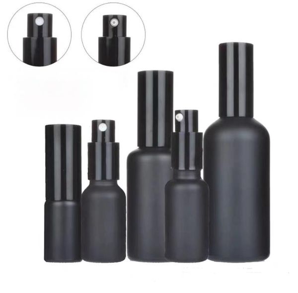 Garrafas de perfume essencial de óleo de vidro preto fosco com pulverizador de névoa fino/bomba de loção Deslocável Travel portátil 5ml - 100ml Recipiente cosmético SN4459