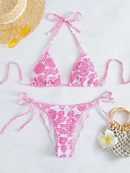 

random print smocked halter bikini swimsuit 45fv#, White;black