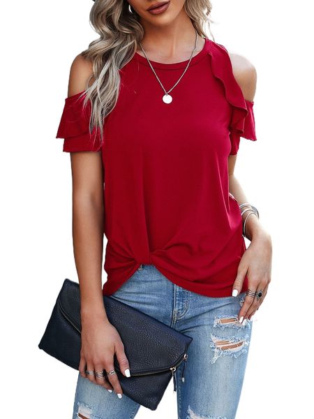 

cold shoulder ruffle trim asymmetrical hem tee k6rj#, White