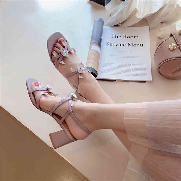 

sandals summer literary and artistic flower sandals open toe medium thick heel small fresh ribbon dd7f, Black