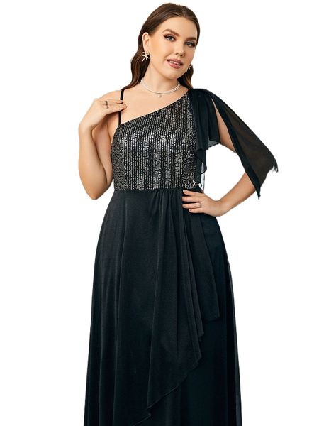 

plus asymmetrical neck slit sleeve contrast sequin bridesmaid dress o6j7#, Black