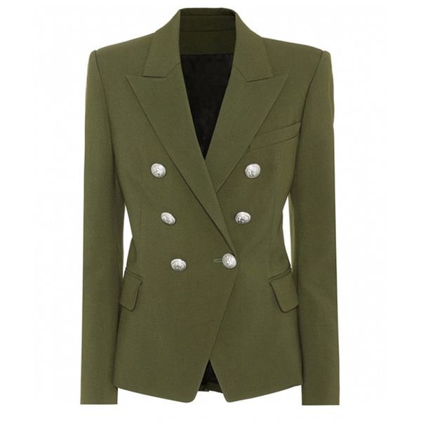 

high street new stylish 2020 designer blazer women s classic lion silver buttons double breasted blazer jacket army green lj201021, White;black