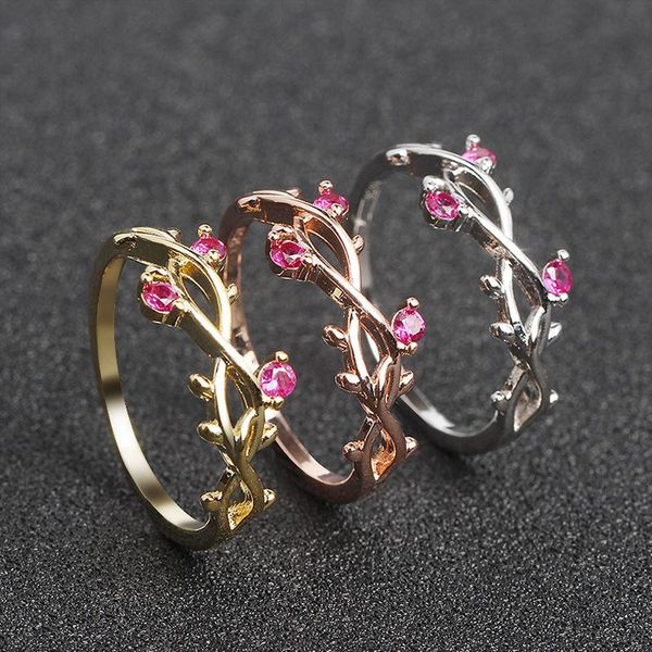 

wedding rings floral 3 colors plated engagement ring for women crystal zircon leaf adjustable ladies jewelry, Slivery;golden