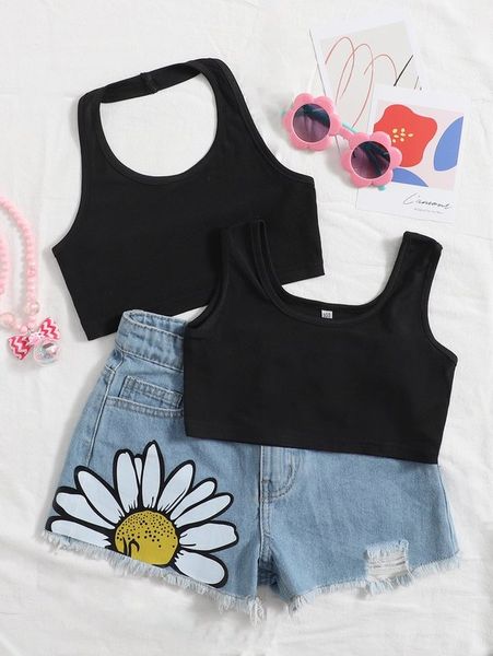 

toddler girls solid halter & tank without denim shorts she, Blue