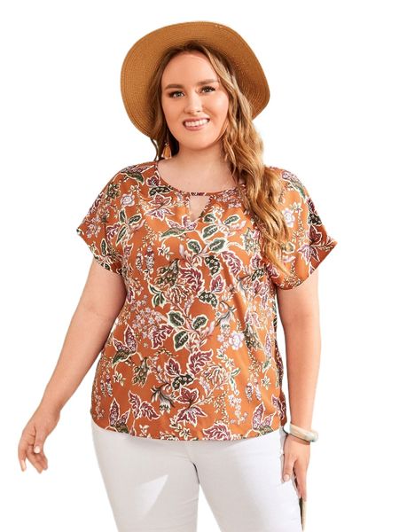 

emery rose plus allover floral print keyhole neck blouse f8bp#, Black