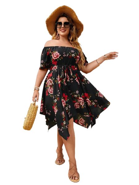 

plus floral print off shoulder asymmetrical hem belted dress o7zc#, Black