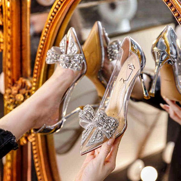 2022 nuove donne strass fiocco tacchi sottili sandali trasparenti tacchi alti sandali cristallo trasparente scarpe da festa tacchi per le donne Bling G220516