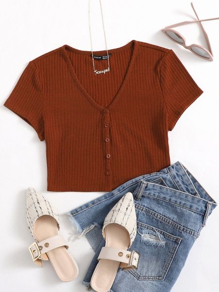 

v-neck button placket crop tee a3l2#, White