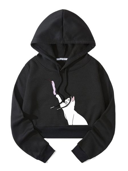 

cat print drawstring hoodie r2gy#, Black