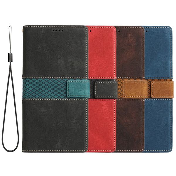 Grid Hit Hybrid Color Leder Wallet Cases für iPhone 15 14 13 Pro Max 2 11 XR 8 7 Plus Kredit-ID-Kartensteckplatz Bargeldfach Flip Cover Business Book Fashion Phone Pouch Strap