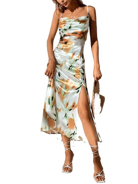 

tie dye draped front backless split thigh satin cami dress r9kt#, Black;gray