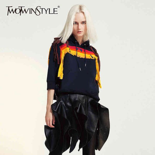 

patchwork print geometric sweatshirt for women hooded collar long sleeve hit color casual streetwear female 210423, Black