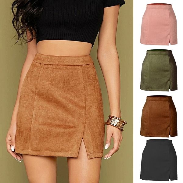 Mulher camurça zíper bandagem magro sexy mini outono inverno coreano cintura alta casual sólido a linha fendas marrom bodycon saias w220426