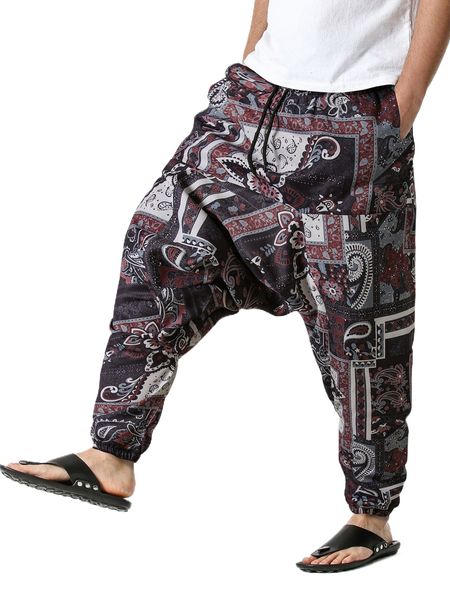 

men patchwork print drawstring waist drop crotch pants s21d#, Black