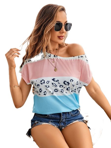 

leopard print colorblock asymmetrical neck tee g6mv#, White