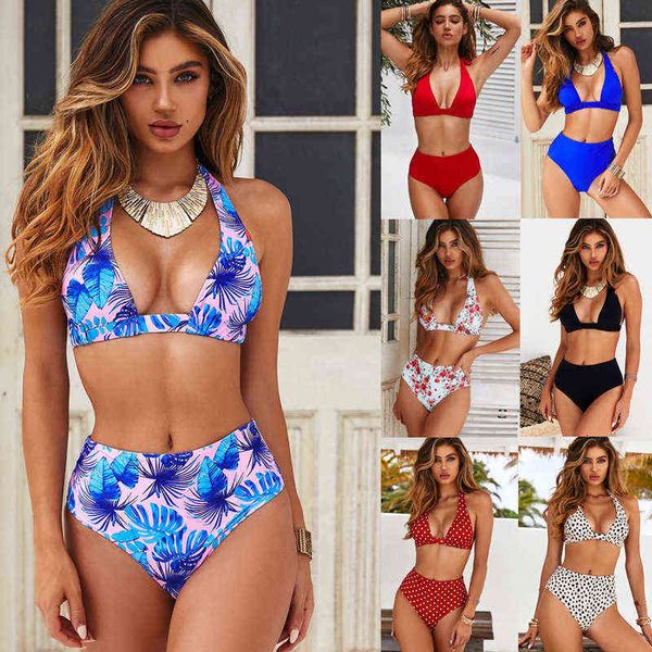 

waist printed high split bikini swimsuit, White;black
