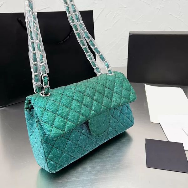

classic double flap shiny quilted rectangle bags purple gold green white silver metal hardware matelasse chain crossbody shoulder luxury des