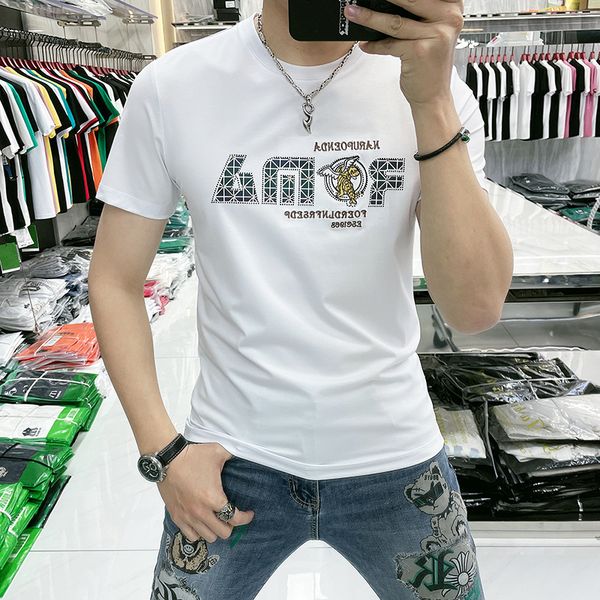 

short sleeve t-shirt men's slim casual print diamond 2022 summer new fashion brand male tees man clothes puls size m-7xl, White;black