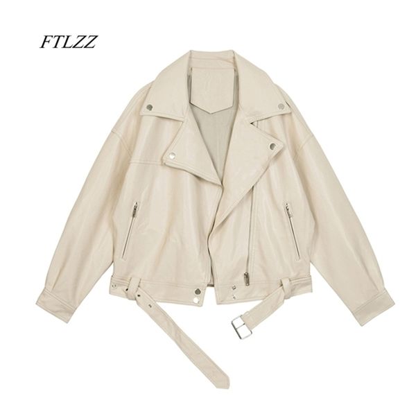 

ftlzz spring women pu leather motorcycle jacket female with belt solid color jackets ladys loose casual jacket 201214, Black