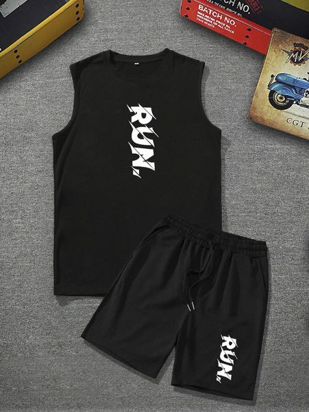 

men letter graphic tank & shorts w9zf#, Gray