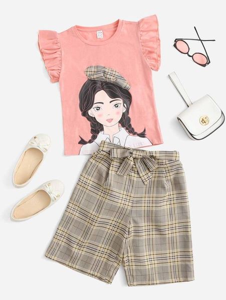 

girls figure graphic butterfly sleeve & belted plaid shorts set she, White
