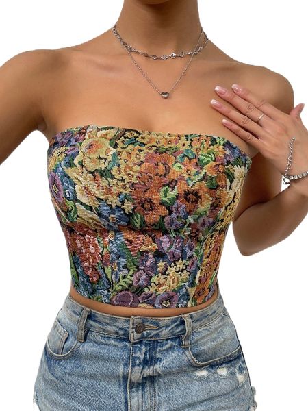 

floral pattern grommet lace up back crop tube r1lg#, White