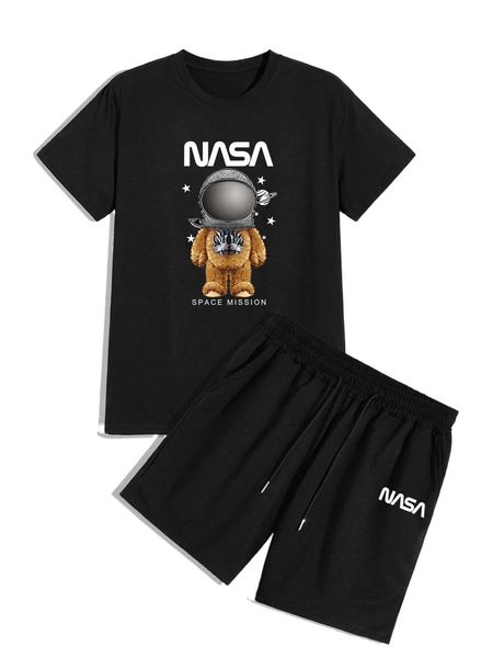 

men cartoon & letter graphic tee & shorts t9vd#, Gray