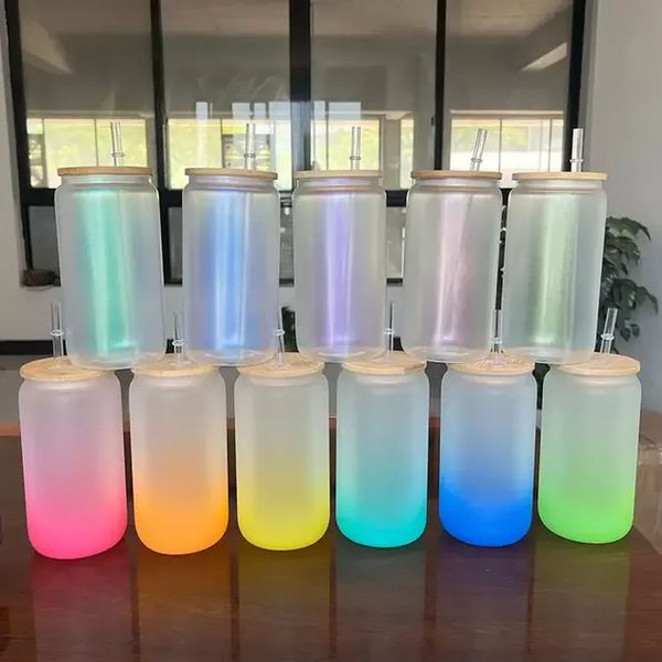 

diy sublimation 12oz 16oz gradient glass cups can glass tumbler with bamboo lid reusable straw beer iridescent mug transparent frosted soda