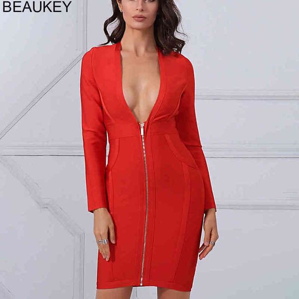 

beaukey red green black long sleeve bandage dress deep v bodycon dress plus size xl above knee women dress bandage 210414, Black;gray