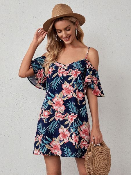 

cold shoulder tropical print dress p8nn#, Black;gray