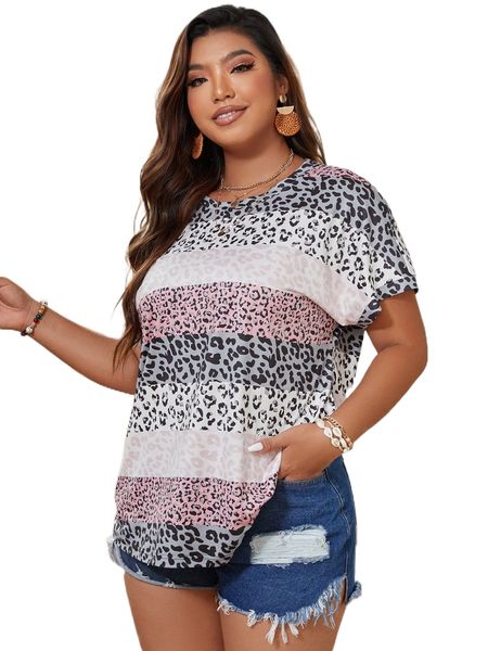

plus colorblock leopard batwing sleeve tee d5ew#, Black