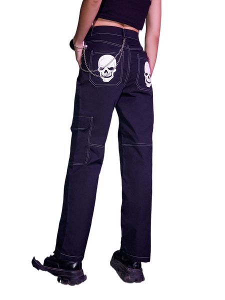 

romwe skull graphic pocket pants 11ua#, Black;white