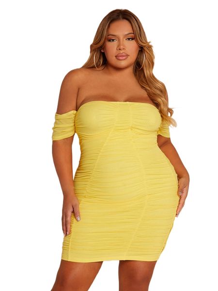 

sxy plus off shoulder ruched mesh bodycon dress s8bo#, Black