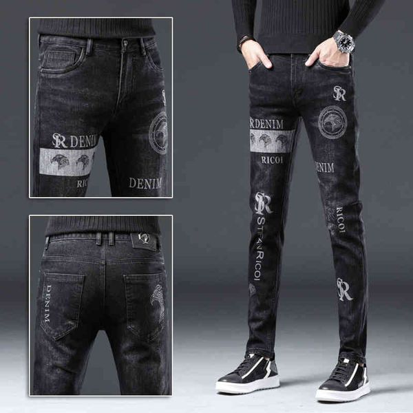 

high end autumn new versatile men's jeans brand embroidery korean fashion slim fit light color leggings, Blue