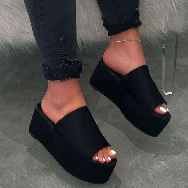 

slippers high-heeled women flatform summer leopard print thick with slides large size shoes woman wedges slipper 220530, Black