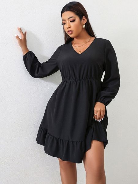 

plus lantern sleeve ruffle hem dress h0bh#, Black