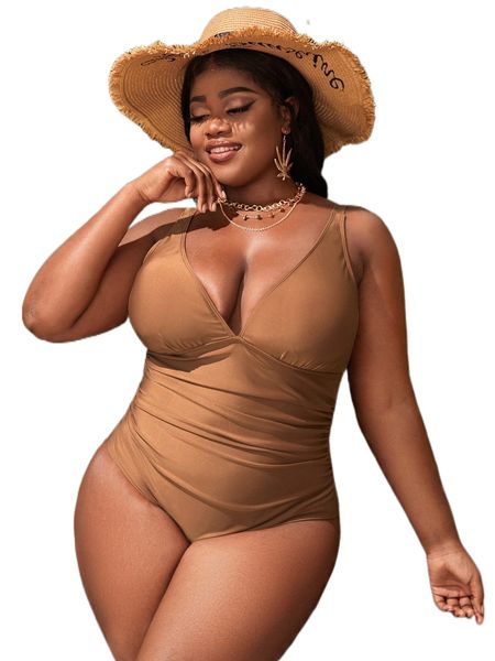 

plus plain ruched one piece swimsuit i56m#, White;black