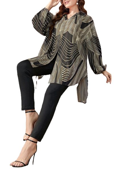 

plus striped bishop sleeve high low hem shirt & pants 98cw#, Black