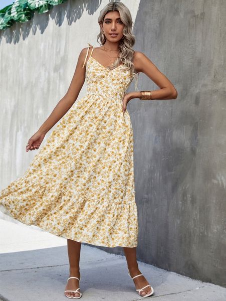 

ditsy floral print knot shoulder ruffle hem cami dress u18r#, Black;gray