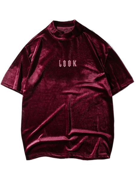 

men letter embroidered mock neck velvet tee 87zb#, White;black